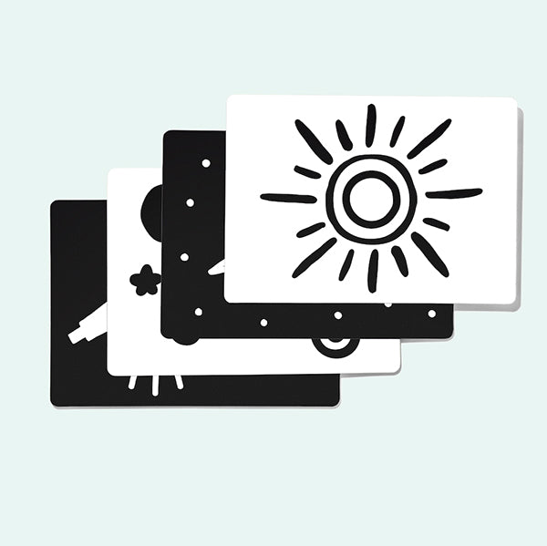 three b&w cards with simple shapes